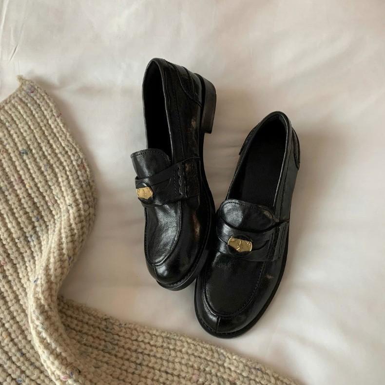 Washed Cowhide~ Round Head Small Gold Coin Lazy Loafers Single Shoes Women's Genuine Leather Thick-soled Small Leather Shoes Loafers Women's Shoes