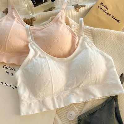 Student Bra Wire-Free Backless Cami Fixed One-Piece Cup Spaghetti Strap Thin Underwear