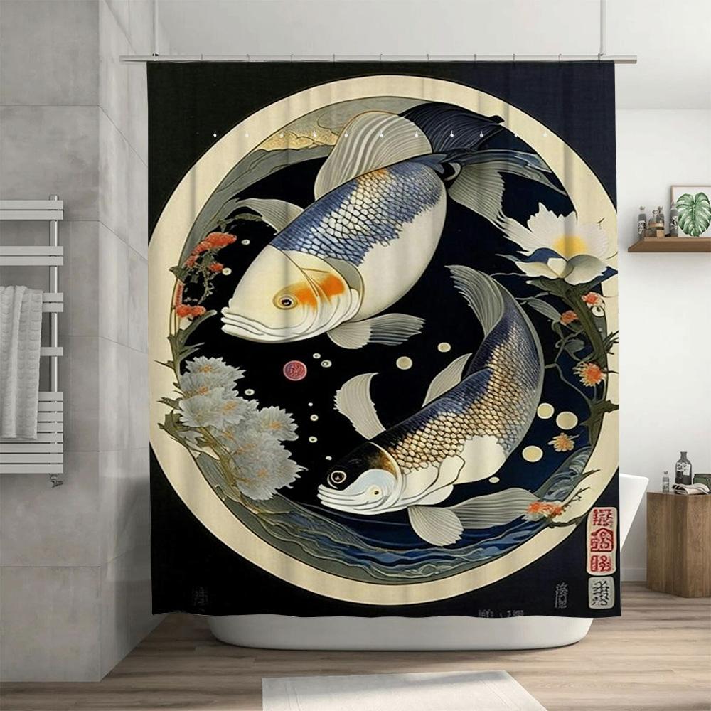 Vintage Japanischer Fischdruck Duschvorhang Wasserdicht Dekorativ Zuhause Badezimmer Dekoration Modernes Blumendesign Stoff Duschvorhänge