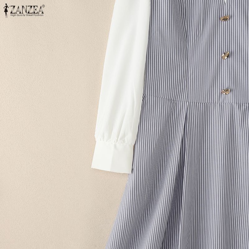 ZANZEA Women Casual Turn Down Collar Long Sleeve Elegant Stripe Dress