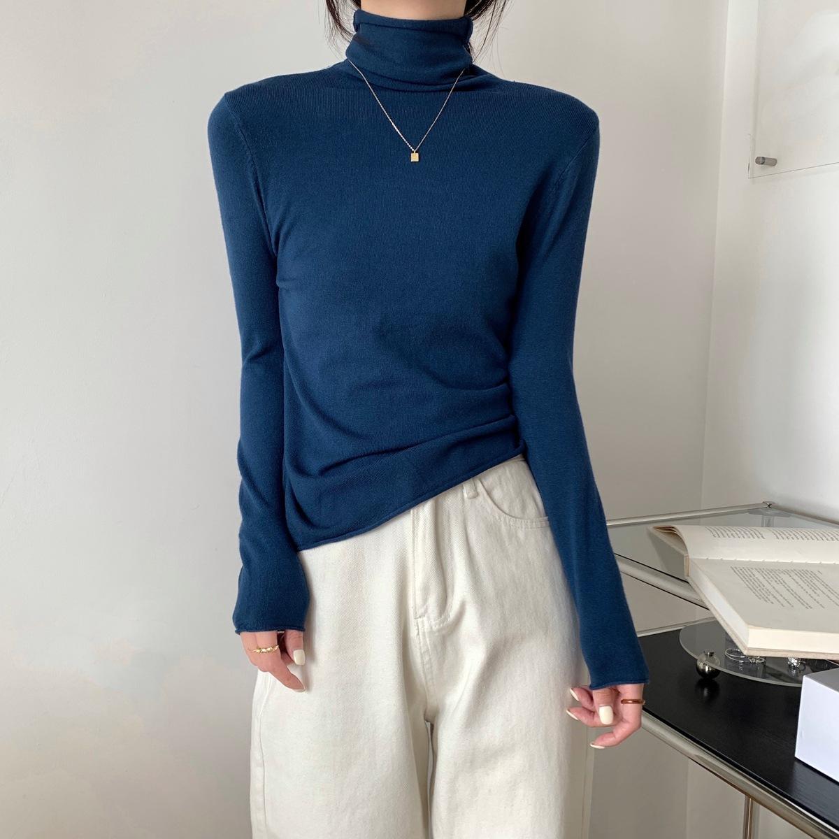 

Johnature Осень Зима Корейская версия Ленивый Водолазка Вязаные Базовые Топы Приталенный Высокий воротник 10 Цветов Женские Топы One Size темно-синий