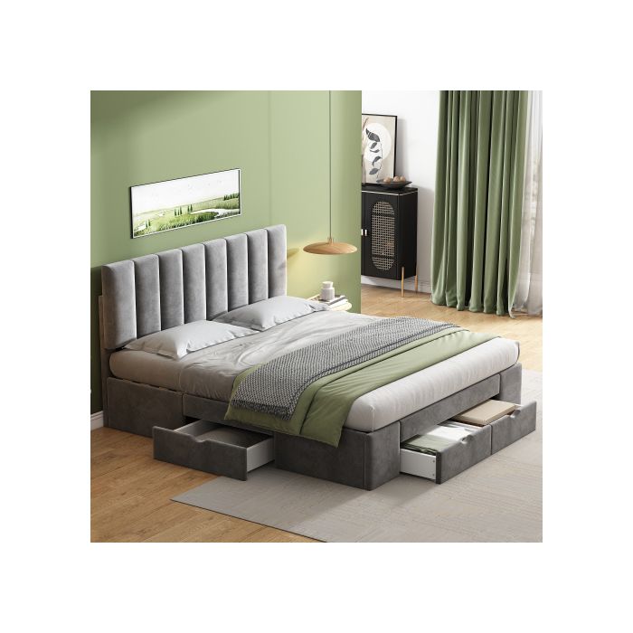Letto imbottito - MUVOE - 160 x 200 cm - Velluto grigio - 4 cassetti - Rete a doghe