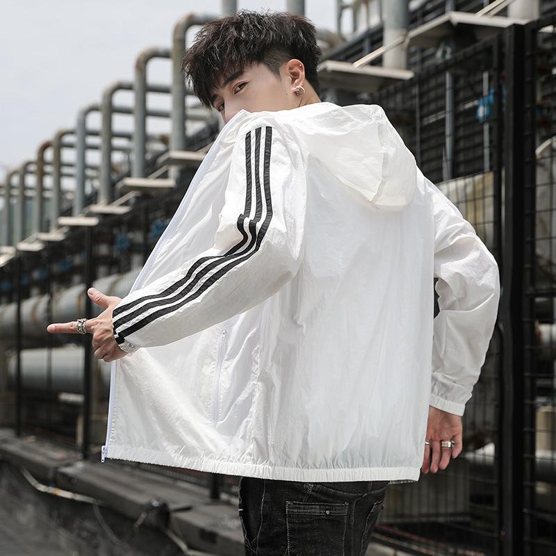 Men s Striped Lightweight Hooded Sun Protection Windbreaker Jacket M