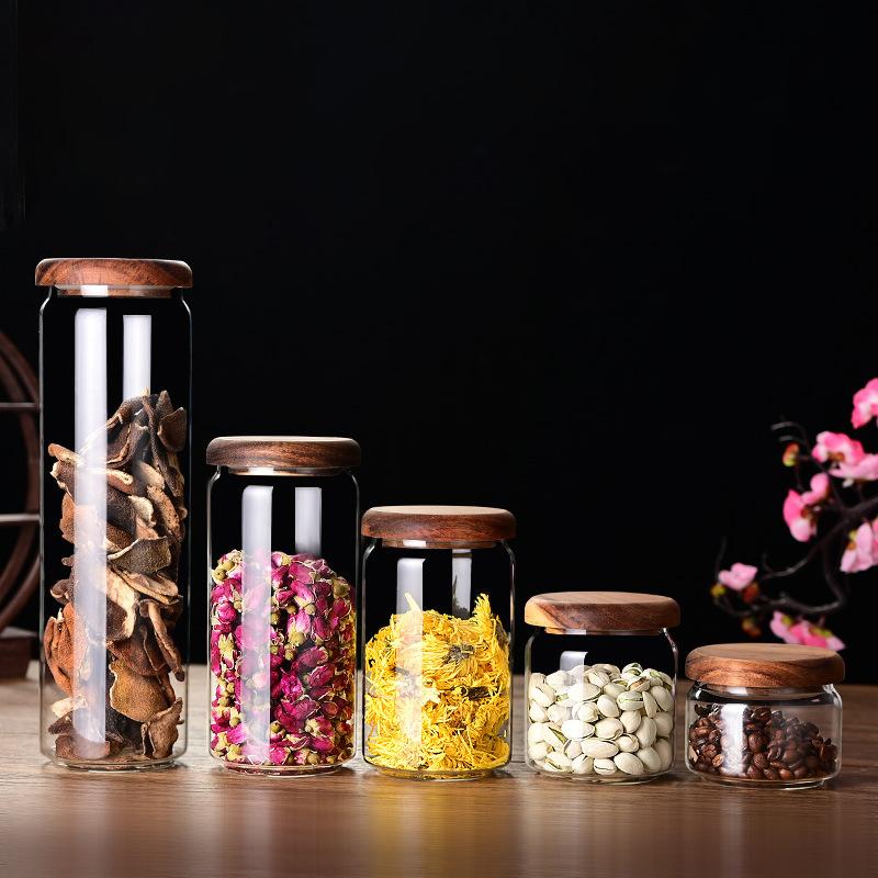Glasbehälter mit Holzdeckel, luftdicht, für Teeblüten, Süßigkeiten und Kaffee, Küchenaufbewahrungsglas