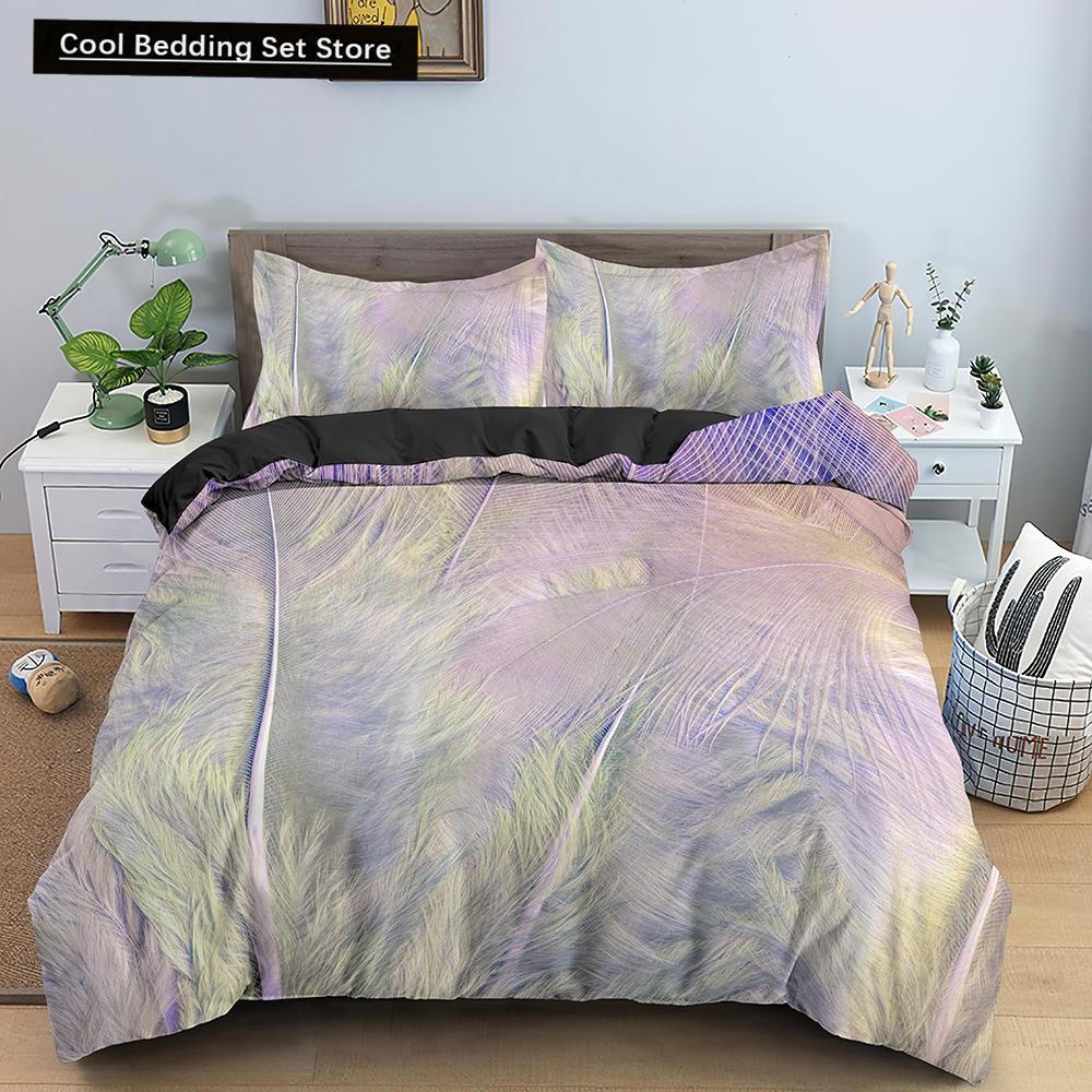 Feathers Duvet Cover Queen/King Size Boho Colorful Bird Feather Bedding Set Tropical Leaves 2/3pcs Polyester Comforter Cover