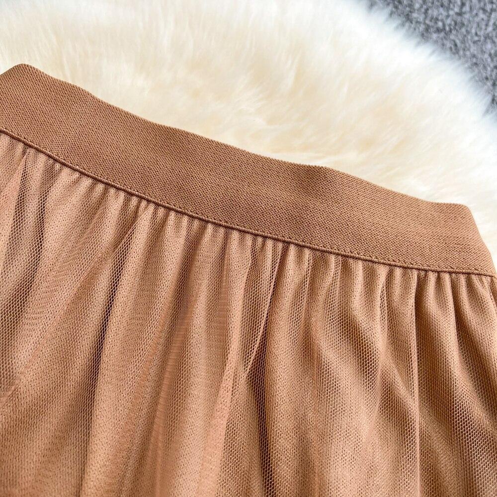 Summer High Waist Thin Multi-Layer Wooden Ear Side Puffy Cake Dress Elastic Waist Medium And Long Mesh A-Shaped Dress Female