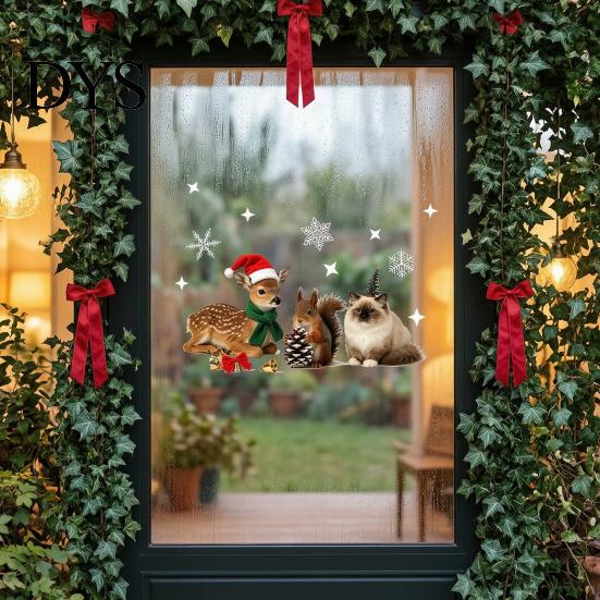 Holiday Glass Decals Christmas Static Window Stickers with Cute Reindeer Squirrel Cat Design, Removable Clings, Easy Apply Clings Waterproof