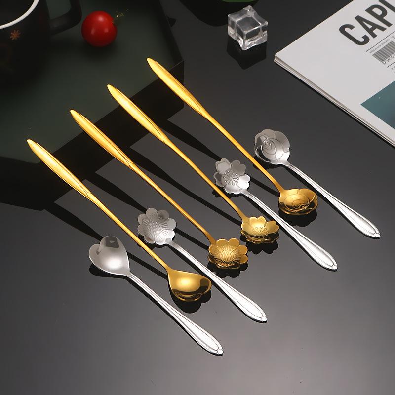 4PCS/Set 12.4-12.6cm Stainless Steel Flower Shape Spoons Coffee Mixing Ice Cream Dessert Spoons