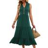 Women's Summer Casual V-Neck Button Front Sleeveless Tiered Maxi Dress Solid Color Beach Sundress