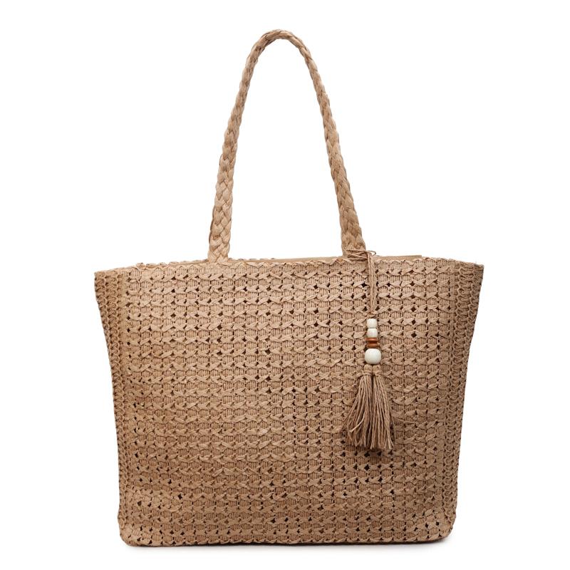 

Вязаная сумка-тоут с плетёной ручкой и деталью-кисточкой Летняя пляжная сумка для женщин хаки