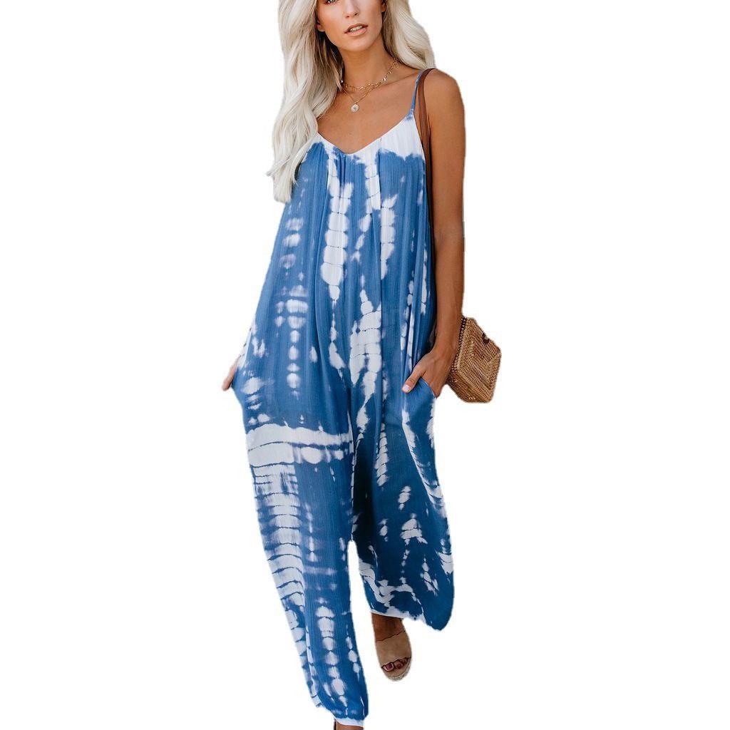 Russia, Europe and the United States wish Amazon 2025 new women's clothing suspender sexy wide-leg print jumpsuit women