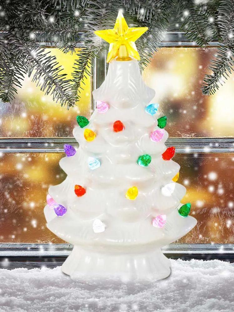 7 Zoll Keramik Weihnachtsdeko Dorf Baum LED Aufsatz Stern Mehrfarbige Lichter Dekorative Atmosphäre Mittelstück Tischdisplay