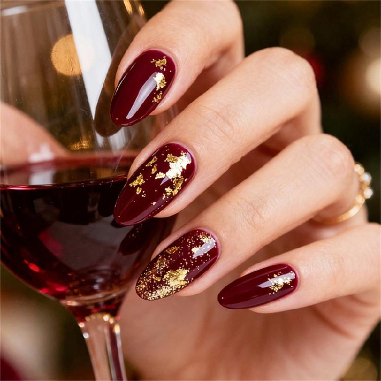 Almond Artificial Nail Wine Red Gold Christmas Theme French Manicure Set ABS Press On Nail For Quick Beauty Solution