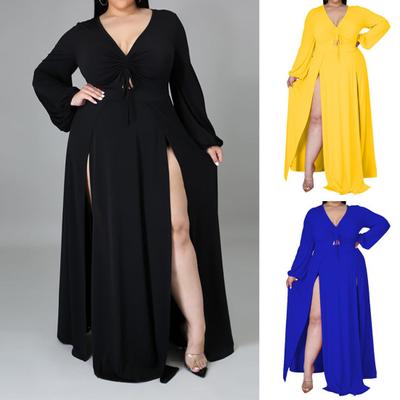 Einfarbiges Maxikleid mit Schlitzsaum für Damen, V-Ausschnitt, Raffungen, bodenlang, übergroßes Kleid