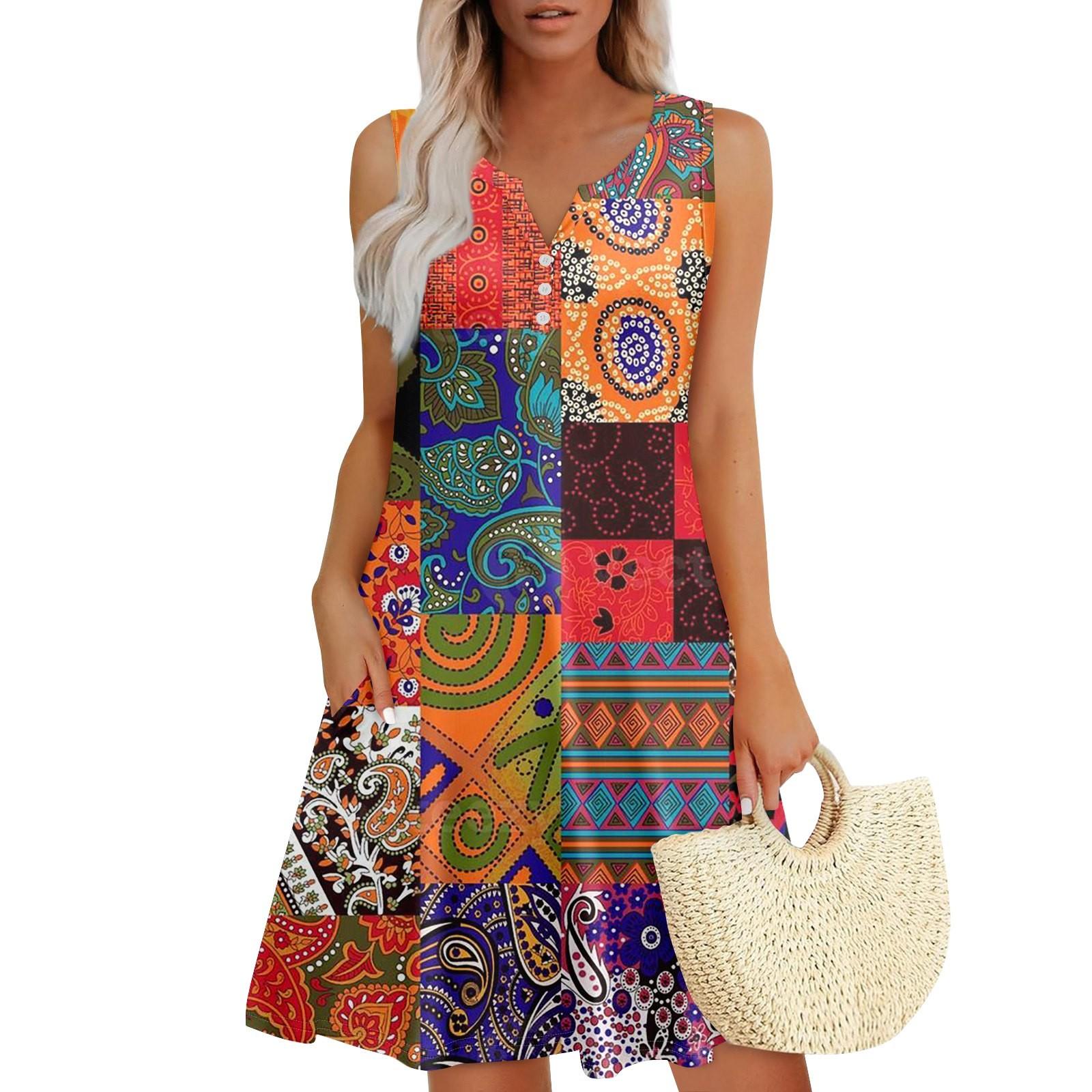 

Женские летние платья Свободные сарафаны без рукавов с V-образным вырезом Платье с карманами M