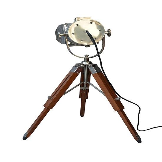 Small Desk Search Light with Wooden Tripod Stand - Home Decor Nickle Finish Table Light