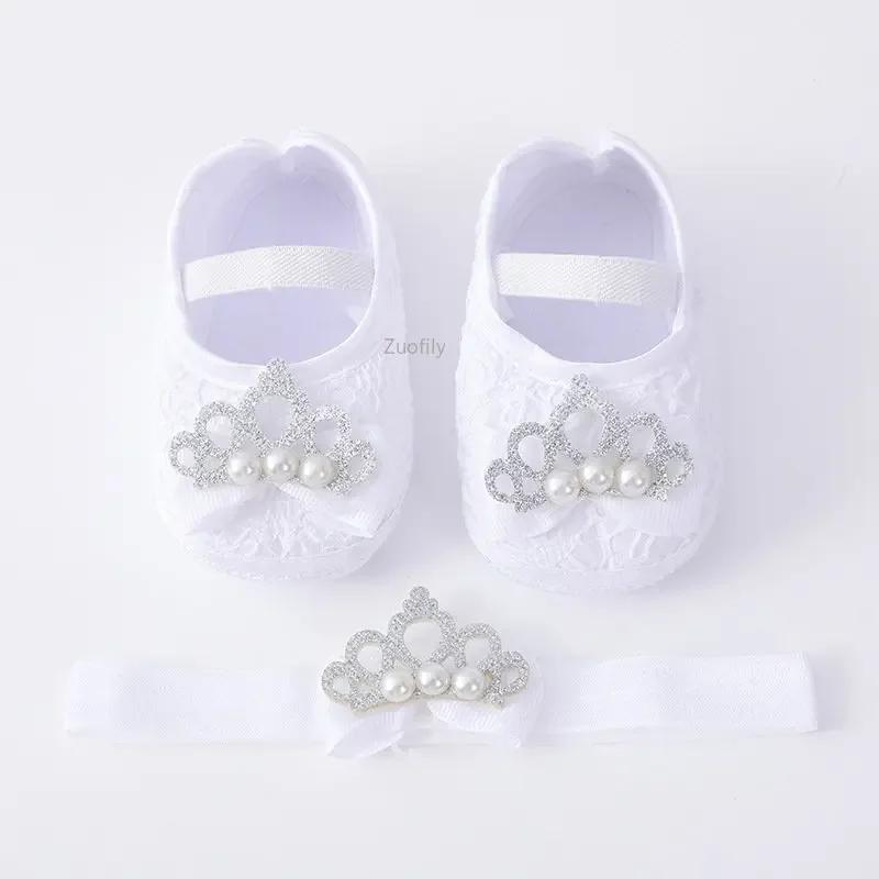 Spring Infant Baby Girl Shoes Newborn Lace Flowers Headband Anti-Slip Soft Sole First Walkers Toddler Kids Cotton Baptism Shoes