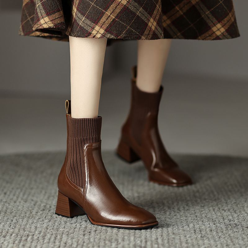 Krazing Pot Cow Skin Autumn Winter Shoes Thick Med Heels Size 43 Western Boots Slip on Stretch Knitwear Ankle Boots