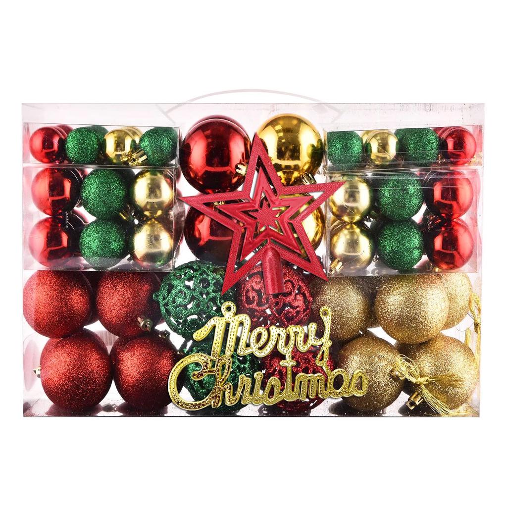 Christmas Tree Decorations Set: 100 Pieces with Tree Topper Star, Letter Tags, Hollow Plastic Balls, and Baubles Ornaments.