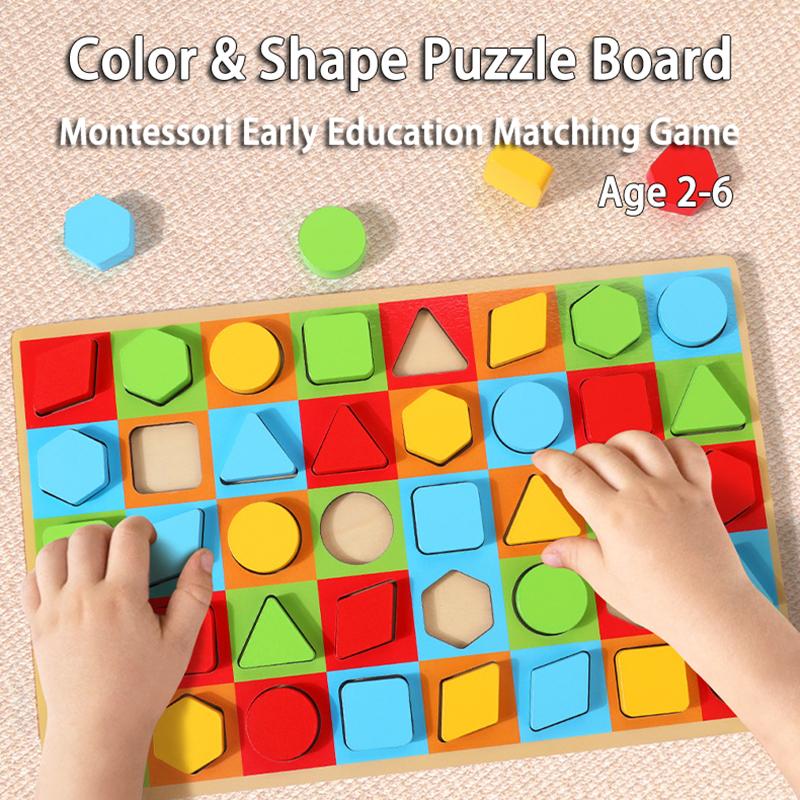 Children Color & Shape Montessori Sensory Toy Wooden Puzzle Geometric Sorting Cognitive Preschool Matching Game Educational Toys