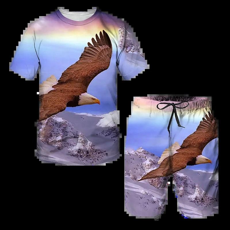 Nuovo set estivo da uomo T-shirt e pantaloncini Aquila Bandiera USA Set 3D Set due pezzi Tempo libero Moda Manica corta Set completo di abbigliamento