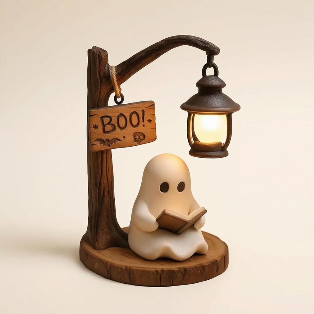 Specter Figurine with Lantern Whimsical Night Light SpookyCute Halloween for Book Lovers,