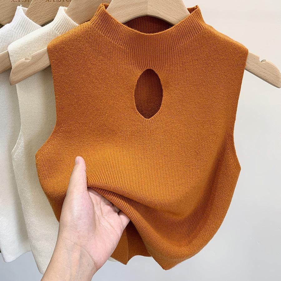 Half Turtle Neck Knitted Suspender Vest for Women with Inner Bottoming Shirt for Summer New Style Sweater Short Top