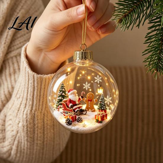 Hanging Holiday Decor Glowing Christmas Ball Ornaments Light-Up with Mini Scene Acrylic Clear Indoor Ornaments Tree Warm LED Light for Home Window