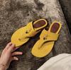 Leather Retro Metal Buckle Toe Flip-flops Shoes Women's Flat Summer Wear a Pedal Beach Sandals