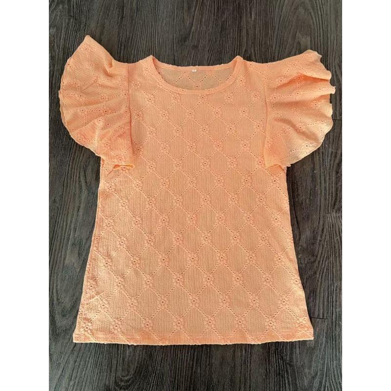 Summer Round Neck Pullover Short Sleeved Top with Ruffle Sleeves Casual Women's T-shirts
