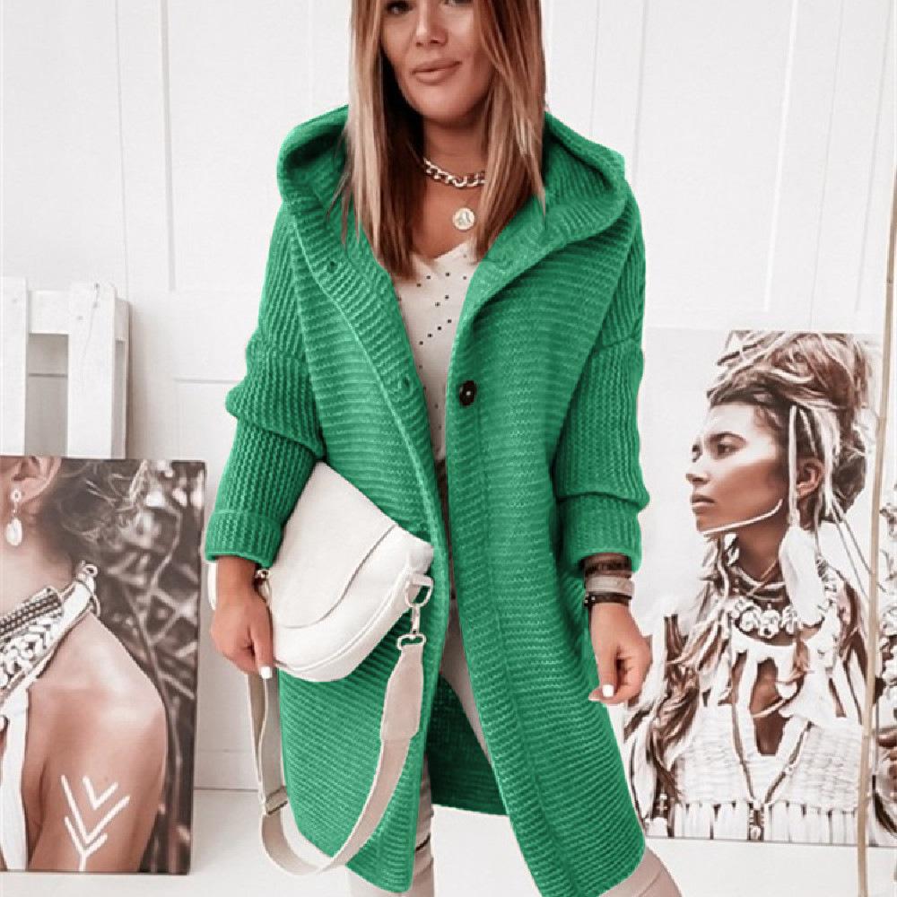 Cardigan for Women Autumn Fashion Button Front Casual Plain Long Sleeve Knit Loose Daily Long Hooded Cardigan Outerwear