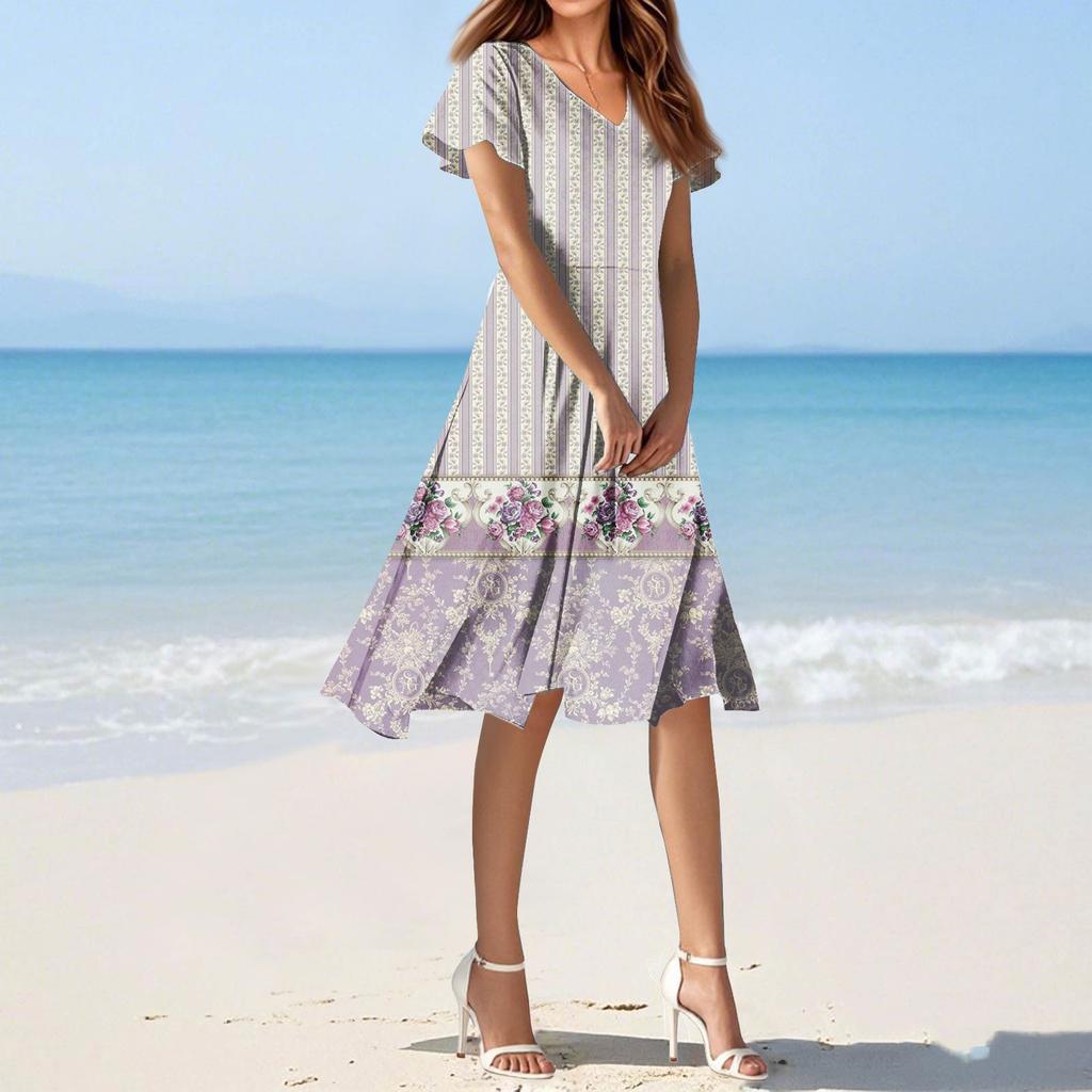 Abito Estivo Casual da Donna alla Moda con Stampa Floreale Scollo a V Manica Corta Gonna Corta