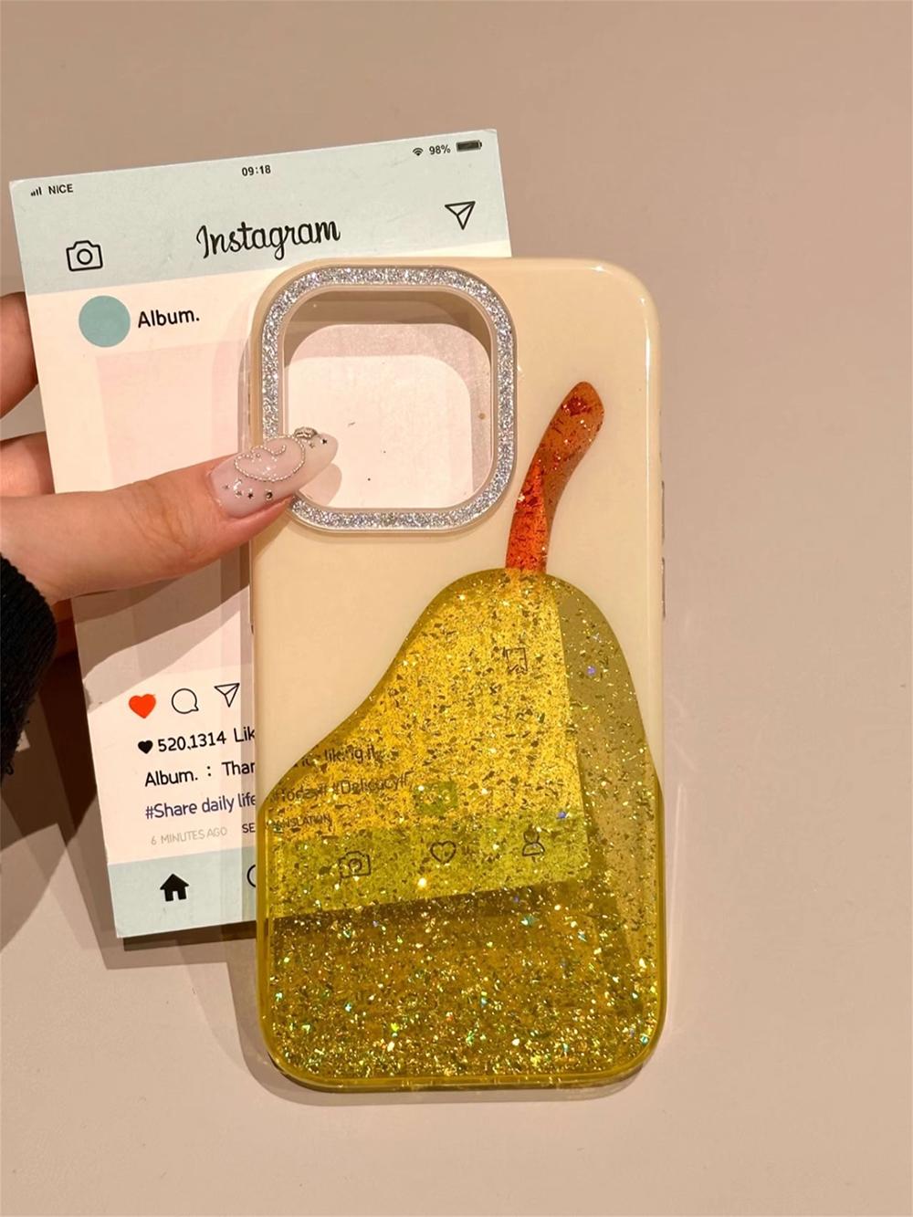 

Fashion Cute Pear Glitter Bling Phone Case for iPhone 15 16 14 13 17 Pro Max Diamond Clear Transparent Cover Women Girl iPhone17 Pro