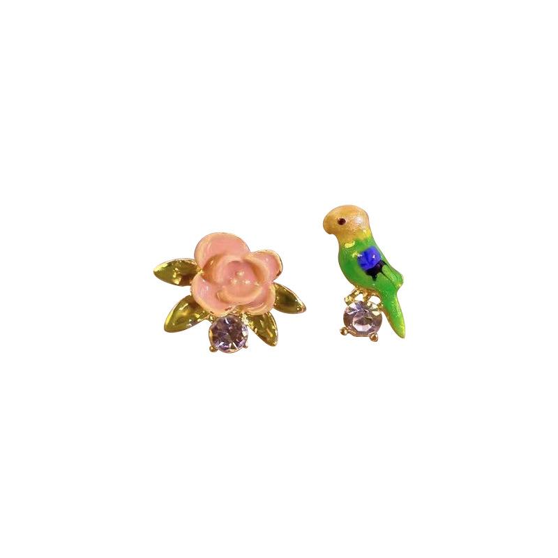 Silver Needle Colored Bird Flower Exquisite Small Earrings Women's Light Luxury Fashion Versatile Style Temperament Stud Earrings Tide