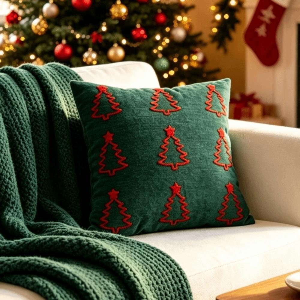 Christmas Tree Throw Pillow Covers Embroidered Cherry Pillow Cases Cushion Cover for Xmas Party