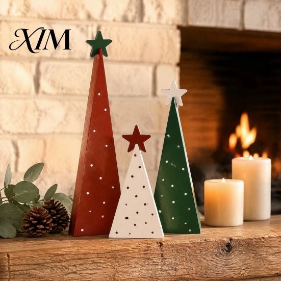 Small Wooden Trees for Mantels 3Pcs Christmas Tree Ornament, Polka Dot Cone Decor with Tiered Tray Decoration Star Topper, Rustic Farmhouse