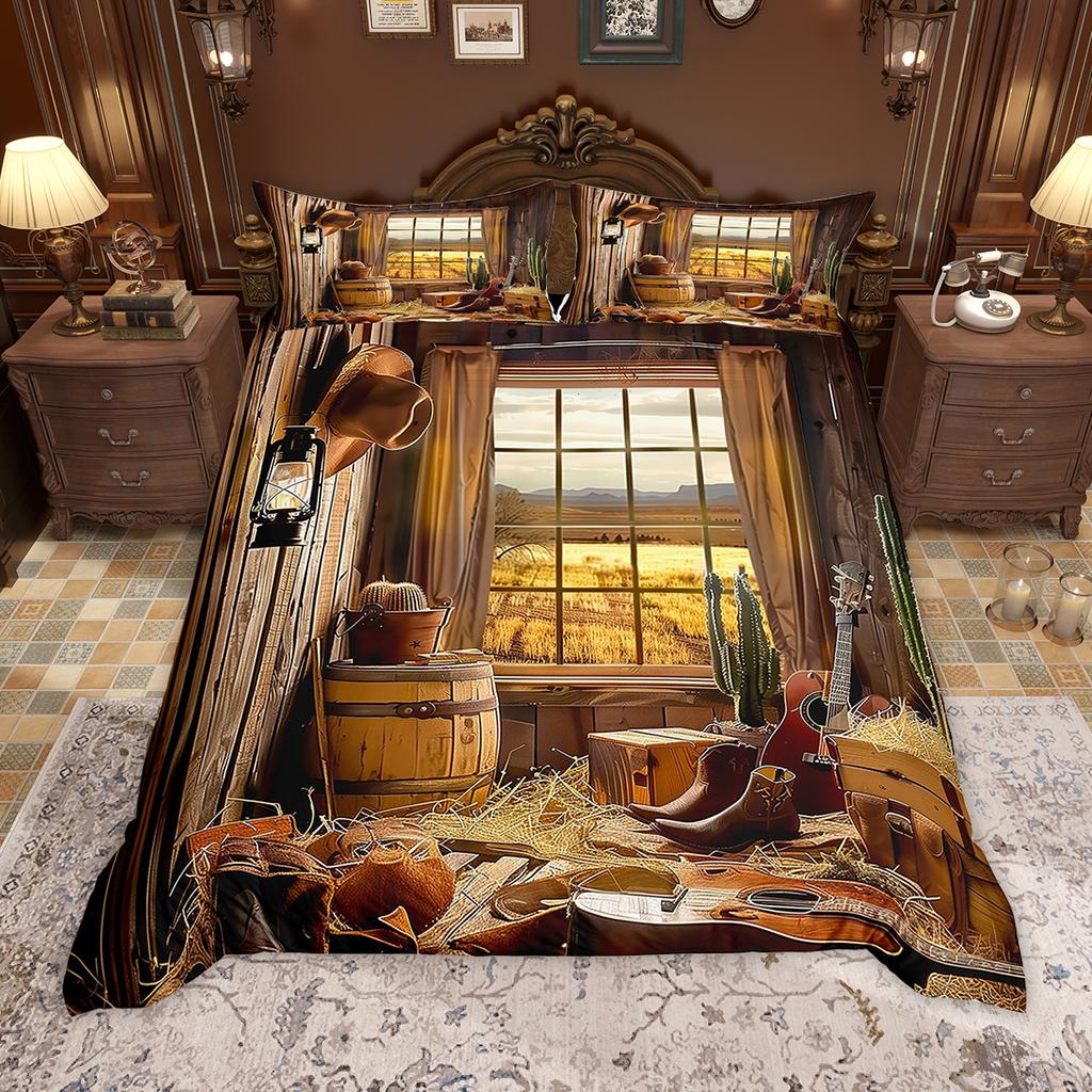 Homewish Western Cowboy Duvet Cover Set Rustic Farmhouse Comforter Cover Set Country Life Bed Set