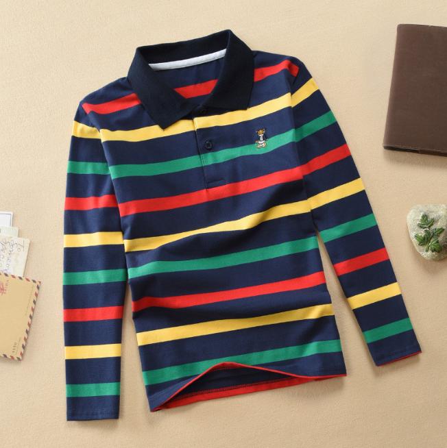 Children's Long Sleeve Shirts Spring Autumn Children's Wear Middle and Large Children's T-shirt Cotton Stripe Polo Shirt