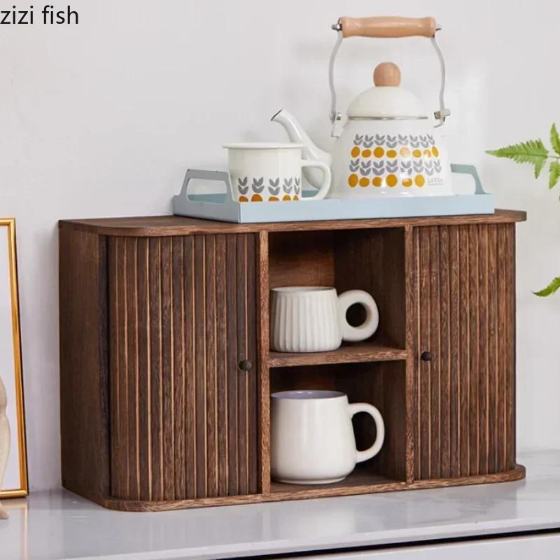 Solid Wood Storage Box Creative Display Rack Tea Cup Storage Rack Storages Cabinet Home Dustproof Rolling Shutter Door Shelf