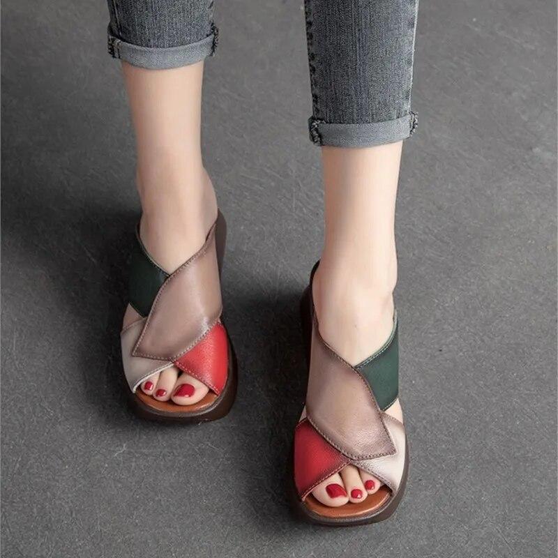 Johnature Retro Women Peep Toe Wedges Slippers Genuine Leather Thick Sole Slides Fashion Platform Shoes