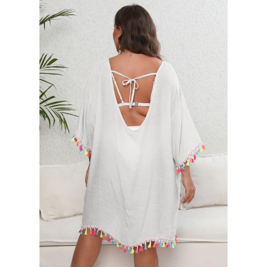 Vestido de mujer de gran tamaño, color blanco, negro, albaricoque, con borlas y retazos, cuello oblicuo, Sexy, sin espalda, atado, para playa, Bikini, vestidos