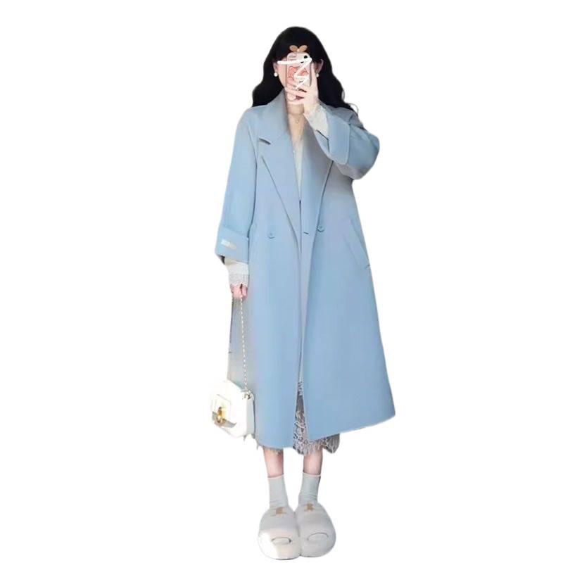 Women's Korean-Style Mid-Length Blue Wool Coat for Autumn & Winter 2025