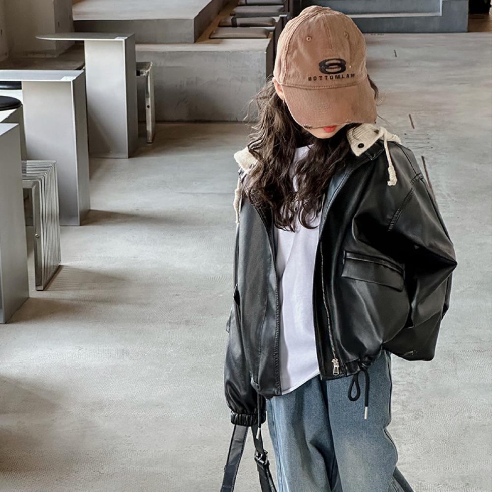 Winter And Girls Autumn Coat New Style Midlarge Childrens Western Style Loose Spring And Autumn Leather Jacket Girls Allmatch Hooded Biker Suit