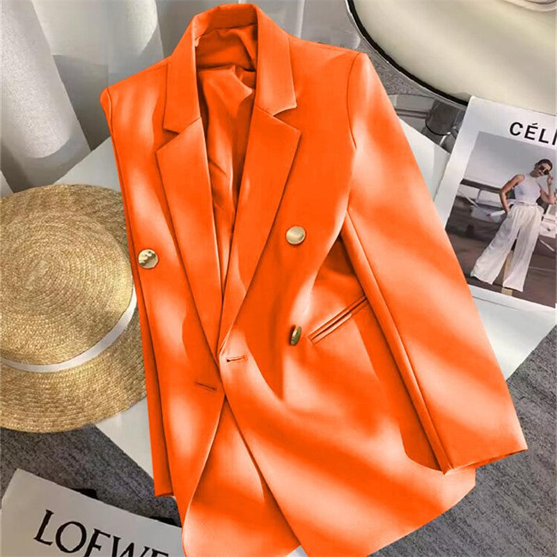 Women Long Sleeve Blazer Jacket Lapel Double Breasted Gold Button Loose Fit Office Casual Suit Outerwear Coat