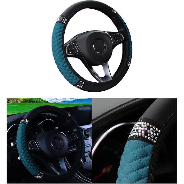 Bling Car Steering Wheel Cover, 15 Inch Rhinestones Soft Leather Elastic Steering Wheel Protector, Sparkly Crystal Diamond For Women Girls, Car