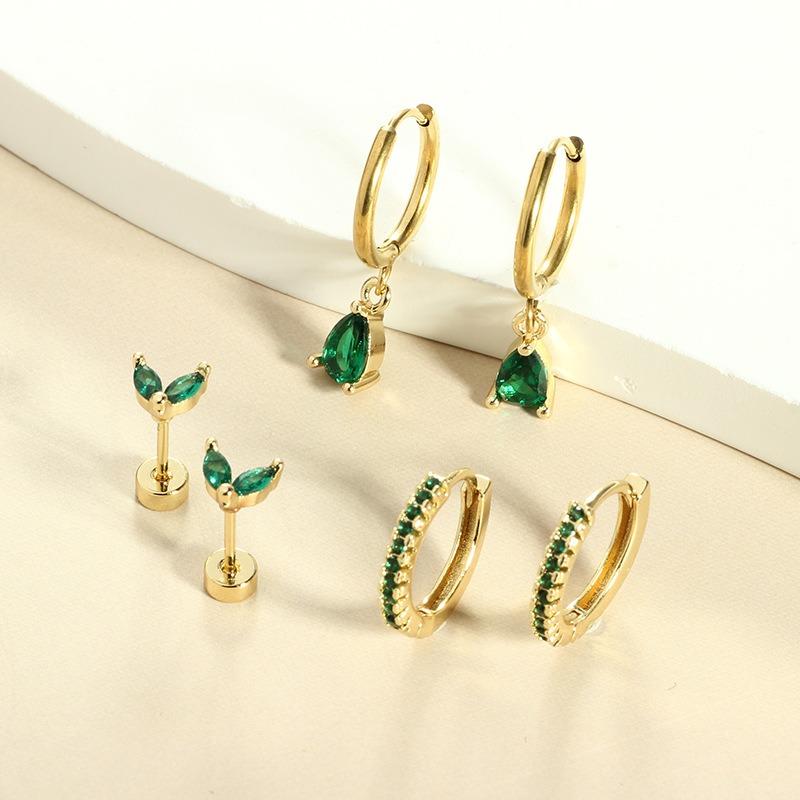 Circle Inlaid Diamond Earrings Zircon Earrings Fashionable Green Zircon Earrings Ear Bone Nail Jewelry 1Pcs золотой