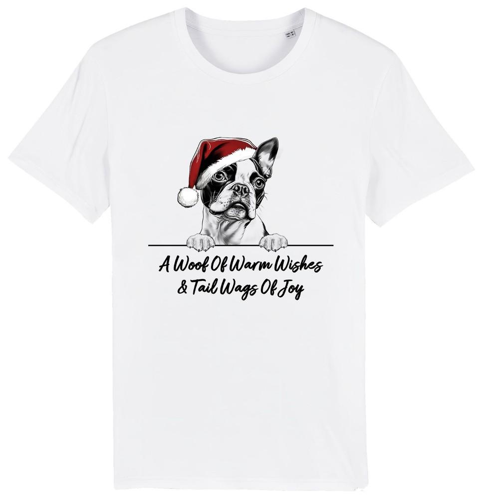 

BOSTON TERRIER Christmas Dog T-Shirt Adults Kids Woof Wishes Tail Wags Xmas Dogs 4XL