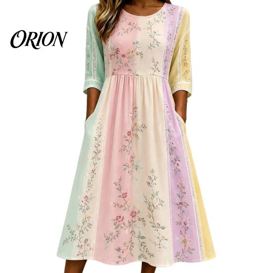 Chic Floral Dresses with Boots Long Sleeve Dress, Women Cottagecore Waist Cinching Comfortable Breathable Polyester Autumn Midi Dress for Vacation