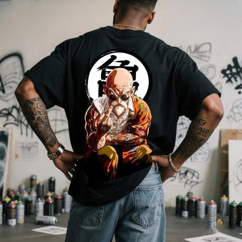 

Men s Dragon Ball Master Roshi Kanji Pattern Short Sleeve Summer Casual Oversized Loose Top Fashionable Trendy Clothing S разноцветный