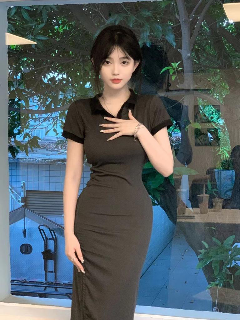 Skinny Figure Polo Collar Dress Women's Summer New Spice Girl Slim Fold Waist Thin Hip Wrap Dress